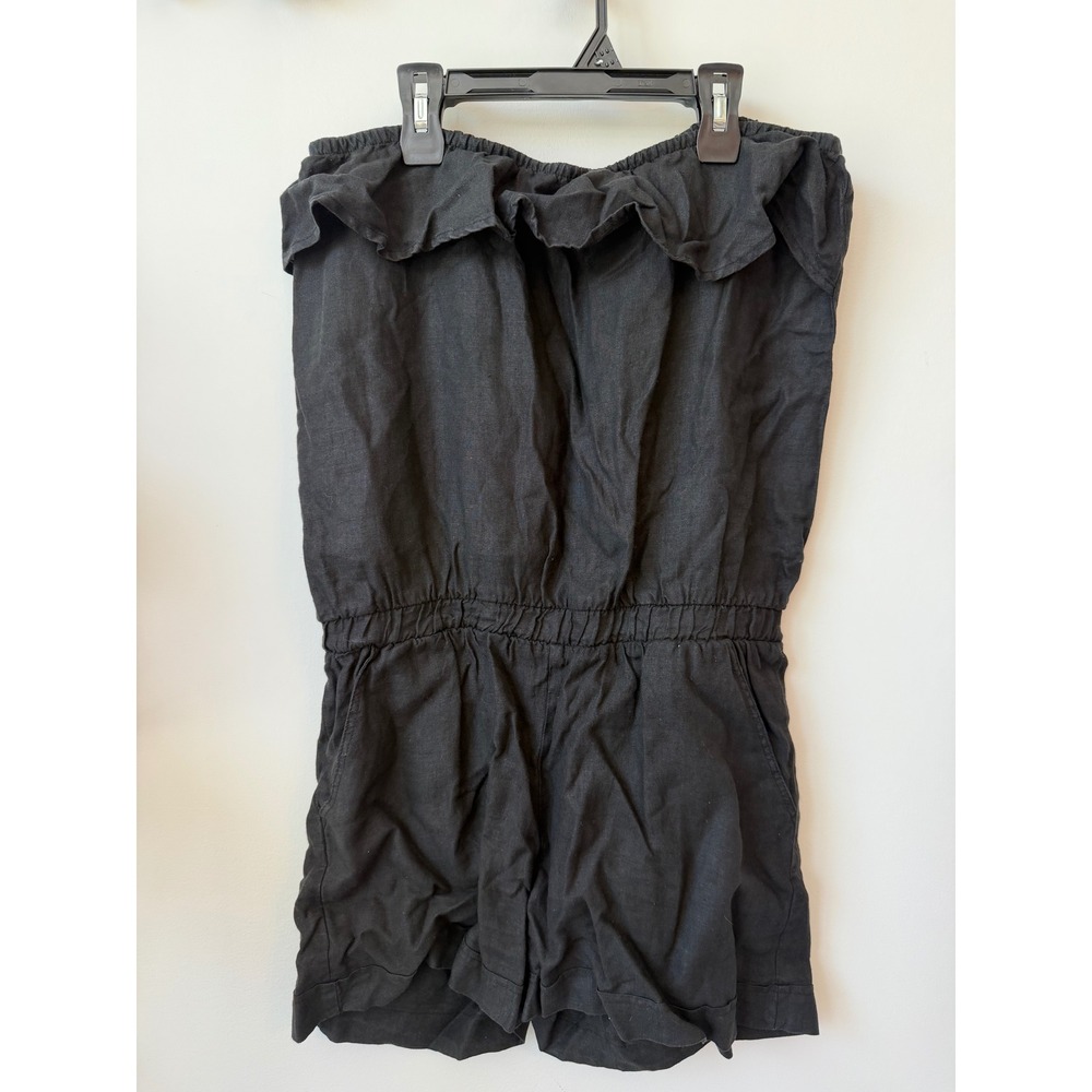 Karlie Black Strapless Ruffle Neck Romper Elastic Waist Linen Blend Small